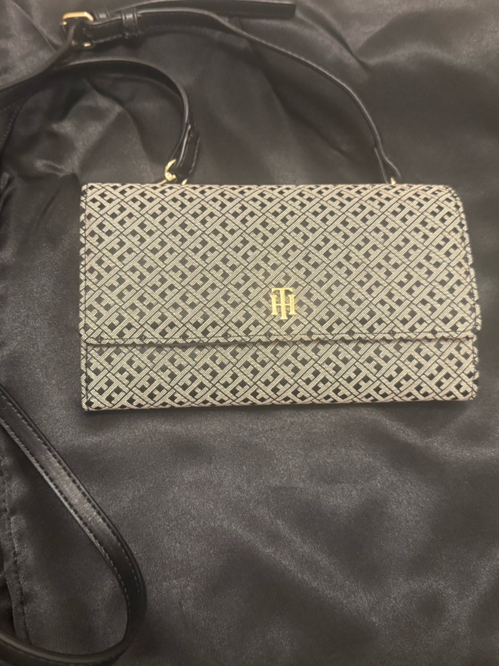 Tommy Hilfiger Black & White Monogram Crossbody Wallet with Gold Logo